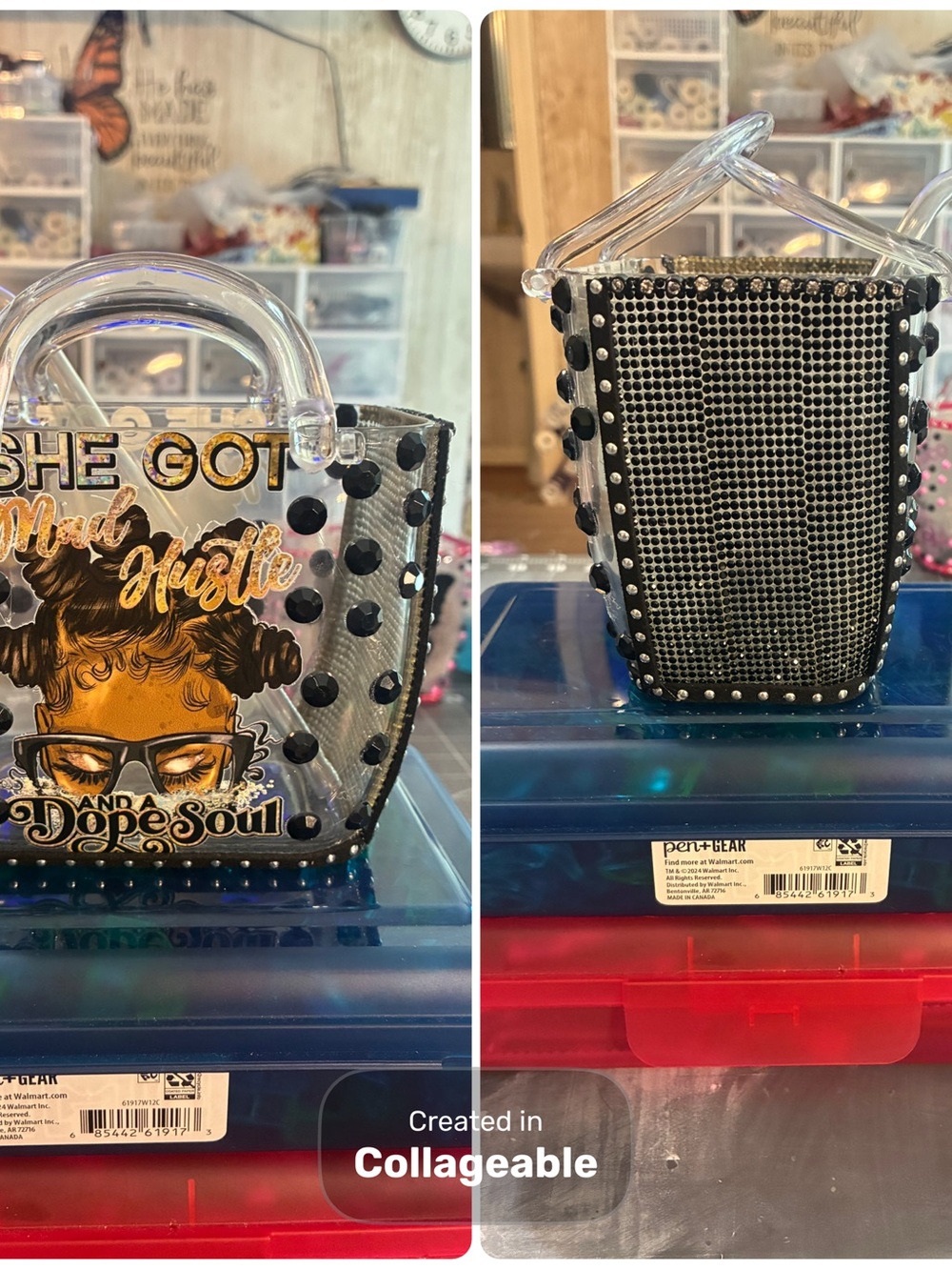 Clear Black Studded clear plasTote with 'She Got Mad Hustle' Graphic - Women Bag